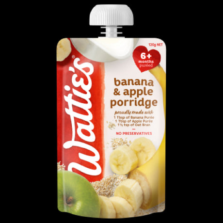 Wattie's For Baby Banana & Apple Porridge 120g, a nutritious breakfast for 6+ months, made from pureed fruit and oat bran.