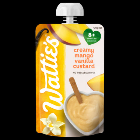 Wattie's Creamy Mango Vanilla Custard pouch, smooth dessert made for babies 8+ months, free from artificial additives.