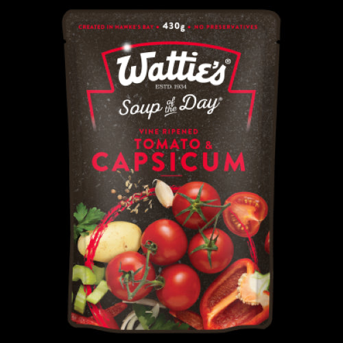 Wattie's Soup of the Day Tomato & Capsicum: vibrant 430g soup, low fat, high fiber, quick to heat, perfect for lunch or dinner.