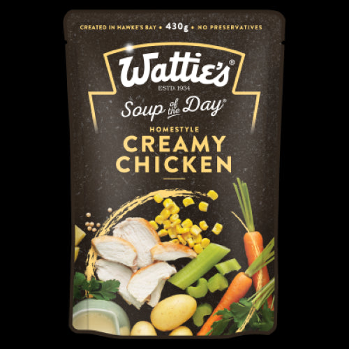 Wattie's Homestyle Creamy Chicken Soup pouch featuring tender chicken in a rich, velvety stock, perfect for a quick meal.