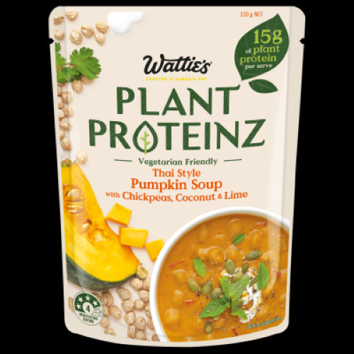 Wattie's Thai Style Soup with Chickpeas, Coconut & Lime in a 330g pouch, rich in plant protein and fiber, vegan and microwavable.