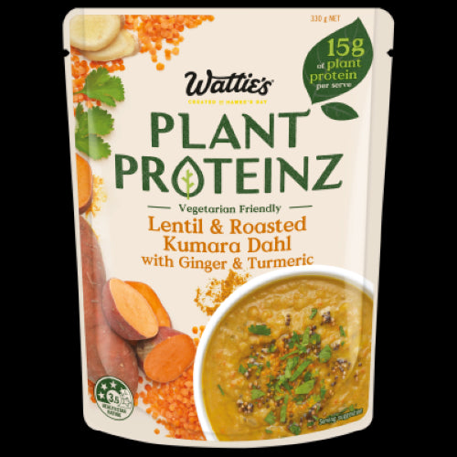 Wattie's Plant Proteinz Lentil & Roasted Kumara Dahl in a bowl, showcasing rich colors and textures of lentils and spices.