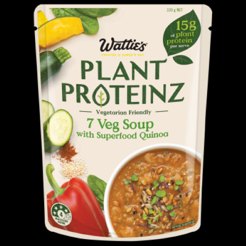 Wattie's 7 Veg Soup with Superfood Quinoa in a 330g pouch, offering a nutritious, vegetarian meal rich in fiber and plant protein.