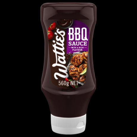 Bottle of Wattie's BBQ Sauce 560g, rich smoky flavor for grilling meats, vegetables, and versatile culinary creations.