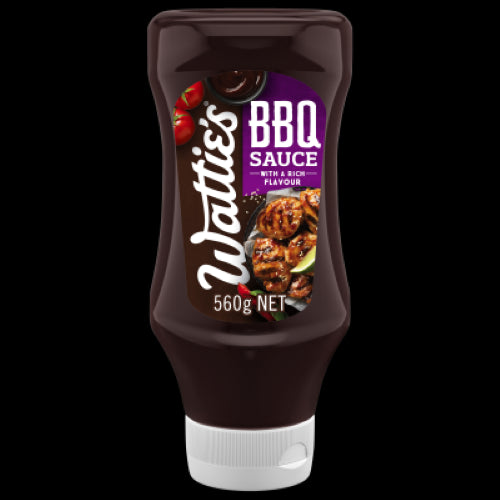 Bottle of Wattie's BBQ Sauce 560g, rich smoky flavor for grilling meats, vegetables, and versatile culinary creations.