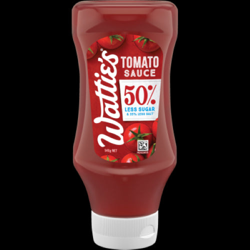 Wattie's 50% Less Sugar Tomato Sauce 540g bottle, perfect for enhancing meals with reduced sugar and salt, no preservatives.