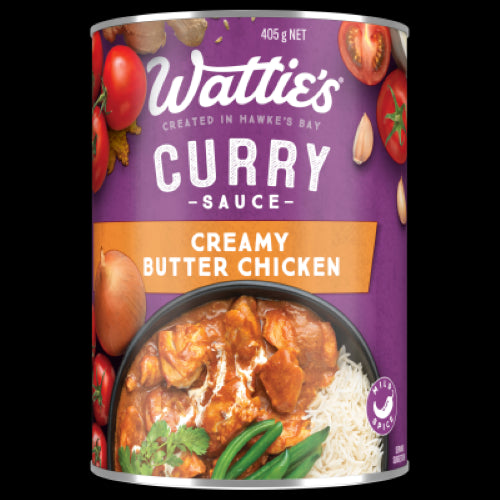 Wattie's Creamy Butter Chicken Curry Sauce 405g, a rich curry for easy, flavorful dinners with chicken and basmati rice.