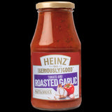 Heinz Seriously Good Tomato & Roasted Garlic Pasta Sauce showcases rich tomatoes and roasted garlic in a convenient 510g jar.