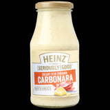 Creamy Heinz Seriously Good Carbonara Pasta Sauce with bacon, perfect for quick meals or gourmet dining.