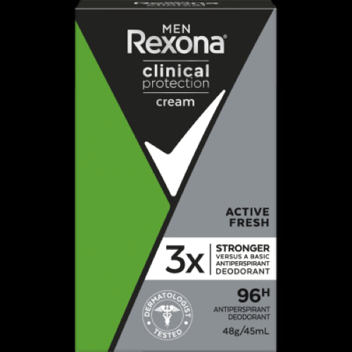 Rexona Men Clinical Protection Active Fresh deodorant, 45ml, offers 96H sweat protection with a fresh masculine scent.