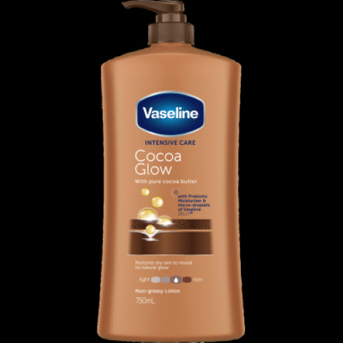 Vaseline Cocoa Glow Body Lotion 750ml, enriched with cocoa butter and jelly, deeply moisturizes for smooth, radiant skin.