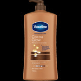 Vaseline Cocoa Glow Body Lotion 750ml, enriched with cocoa butter and jelly, deeply moisturizes for smooth, radiant skin.