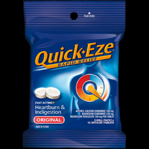 QUICK-EZE Original Antacid Tablets roll pack offers quick relief from heartburn and upset stomach in a convenient, portable format.