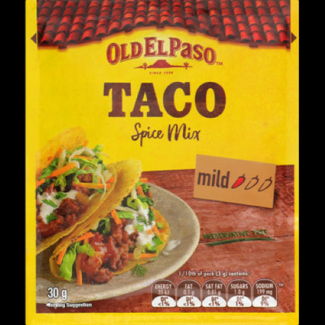 Old El Paso Taco Spice Mix 30g packet, perfect for flavorful homemade tacos, gluten-free, and preservative-free.