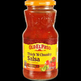 Old El Paso Medium Thick 'n Chunky Salsa jar filled with vibrant tomatoes and peppers, perfect for topping and dipping.