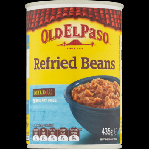 Old El Paso Refried Beans 435g, nutritious, 99% fat-free, made from pinto beans, ideal for quick Mexican meals.