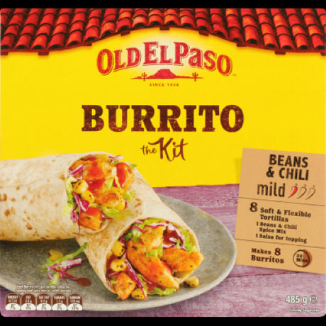 Old El Paso Mild Burrito Kit 485g for quick, flavorful burritos made with soft tortillas and mild seasoning, ready in 30 minutes.