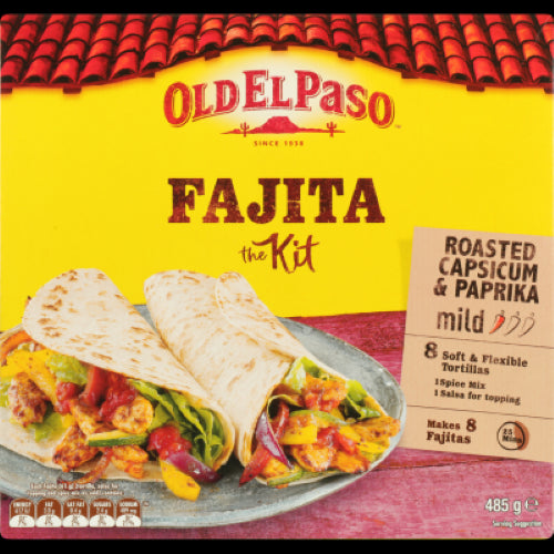 Old El Paso Mild Fajita Kit 485g - includes tortillas, seasoning, and salsa for easy, flavorful Mexican meals at home.