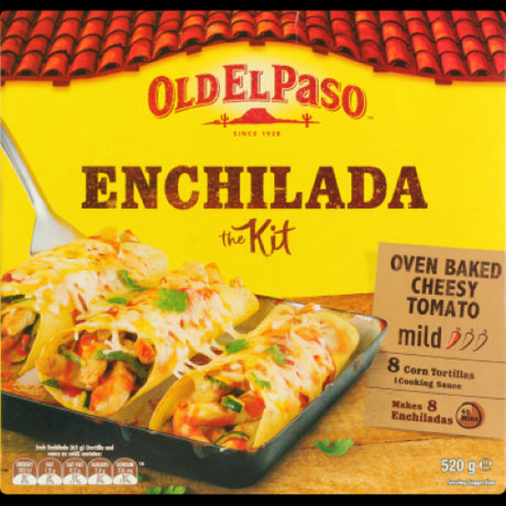 Old El Paso Mild Enchilada Kit 520g featuring soft tortillas and mild sauce for easy, flavorful homemade enchiladas.