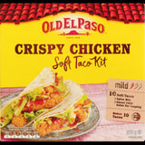 Old El Paso Mild Crispy Chicken Soft Taco Kit 370g with crispy chicken, soft wraps, seasoning, and zesty salsa for easy taco nights.