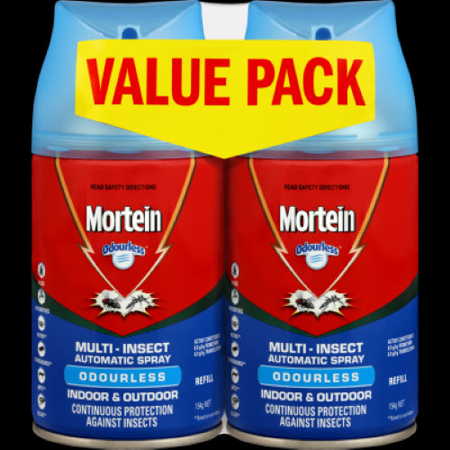 Mortein Indoor & Outdoor Odourless Multi Insect Spray, two 154g cans, providing automatic pest control for homes and gardens.