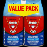 Odourless Mortein automatic insect spray, packaged in two 154g cans, provides continuous pest control for indoor and outdoor spaces.