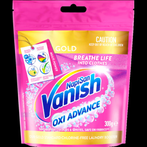 Vanish Napisan Oxi Advance Gold 300g, an effective laundry booster for tough stains, brightening colors without chlorine.