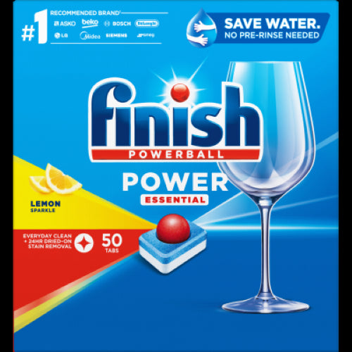 Finish Power Essential Lemon Dishwasher Tablets 50pk, powerful cleaning with refreshing lemon scent, eliminates tough stains effortlessly.