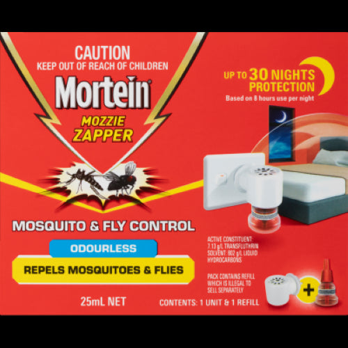Mortein Peaceful Nights plug-in repels mosquitoes and flies, providing 30 nights of odorless protection for restful sleep.