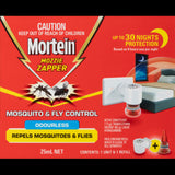 Mortein Peaceful Nights plug-in repels mosquitoes and flies, providing 30 nights of odorless protection for restful sleep.