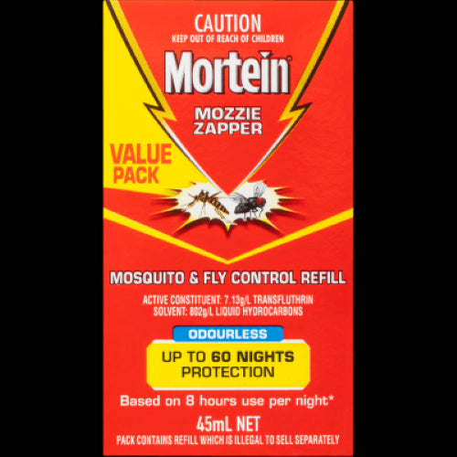 Mortein 45ml refill for mosquito and fly control, offering 60 nights of odourless protection in indoor spaces.