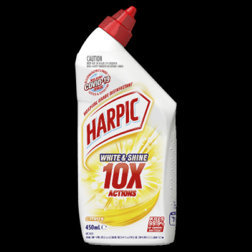 Harpic White & Shine Citrus Thick Bleach Gel 450ml, a thick gel for 99.9% germ kill, leaving toilets sparkling white with citrus scent.