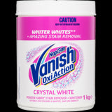 Vanish Napisan OxiAction Crystal White Stain Remover Powder 1kg, a powerful formula for brilliant whitening and tough stain removal.