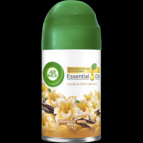 Air Wick Essential Oils refill featuring vanilla, soft cashmere, and orchid, providing 70 days of adjustable fragrance.