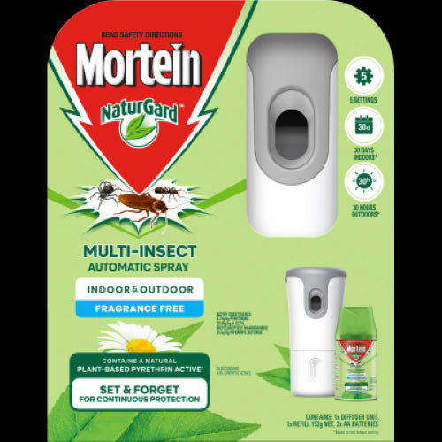 Mortein NaturGard 152g spray for indoor & outdoor insect control, fragrance-free with 5 settings and natural pyrethrin ingredients.