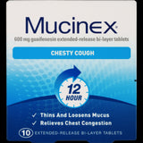 Mucinex Chesty Cough tablets in a 10-pack for fast relief from chest congestion and mucus buildup, featuring bi-layer formulation.