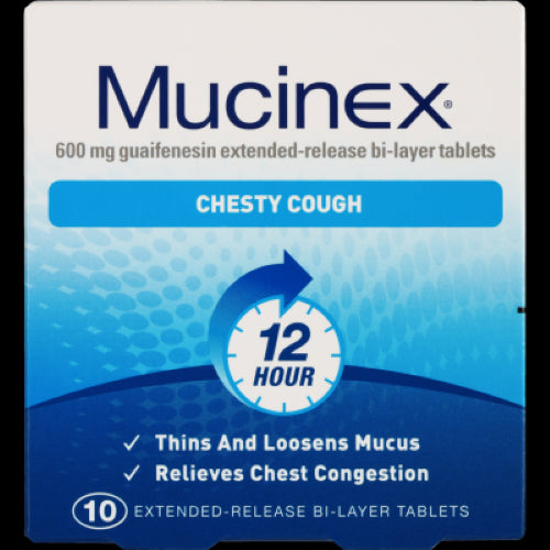 Mucinex Chesty Cough tablets in a 10-pack, designed for fast relief of chest congestion by thinning mucus and enhancing cough productivity.