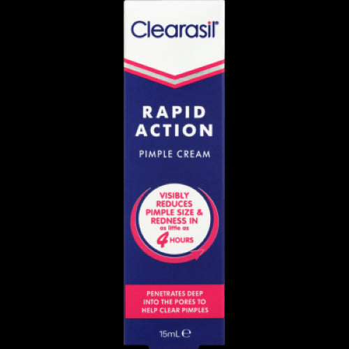 Clearasil Ultra Rapid Action Pimple Cream 15ml reduces pimple size and redness quickly, targeting blocked pores for clearer skin.