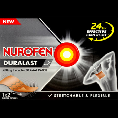 Nurofen Duralast 200mg Ibuprofen Dermal Patch 2pk for targeted 24-hour pain relief from muscular strains and inflammation.