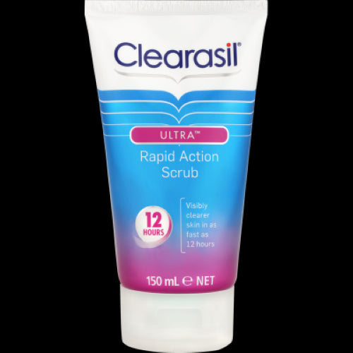 Clearasil Ultra Rapid Action Deep Pore Scrub, a 150ml exfoliating cleanser for quick acne relief and clearer skin.