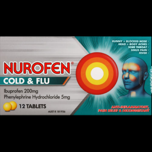 Nurofen Cold & Flu PE 200mg tablets in a 12-pack for rapid relief from cold and flu symptoms without drowsiness.