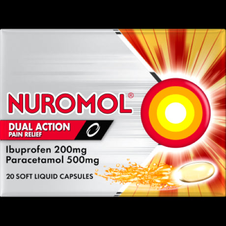 Nuromol Dual Action Liquid Pain Relief Capsules (20pk) for fast, effective relief from mild to moderate pain and inflammation.