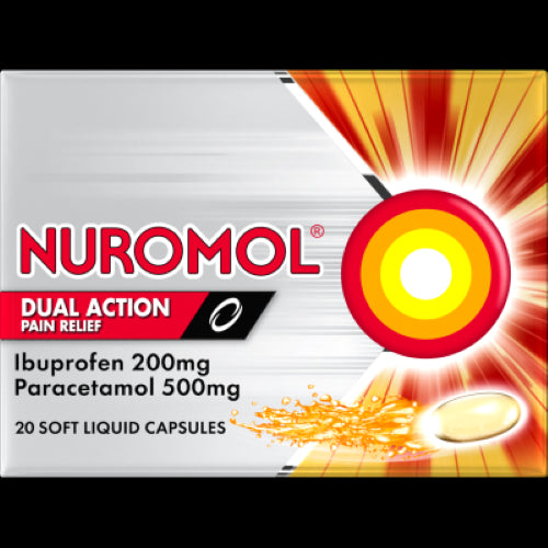 Nuromol Dual Action Liquid Capsules 20pk for fast pain relief, combining paracetamol and ibuprofen for effective results.