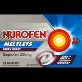 Nurofen Berry Burst 200mg ibuprofen meltlets in a 24-pack, offering quick relief for various types of pain without water.