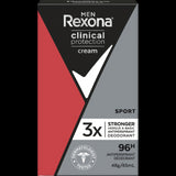 Rexona Men Clinical Protection Sport antiperspirant, 96-hour wetness protection with fresh scent, designed for active lifestyles.