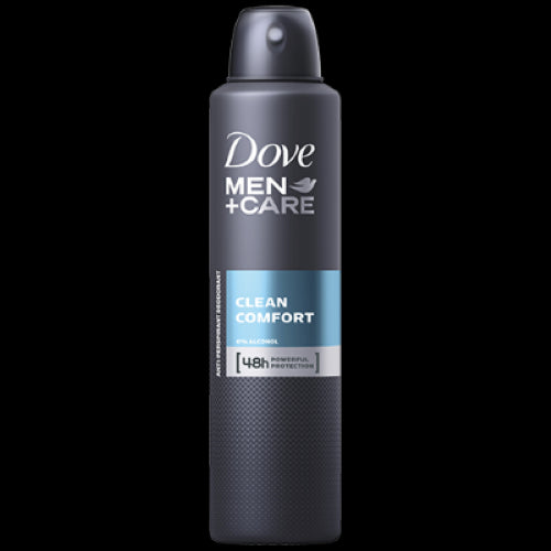 Dove Men+Care Clean Comfort Deodorant aerosol, 254ml, offers 48-hour sweat protection and moisturizing care for sensitive skin.