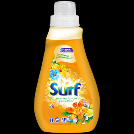 Surf Sunshine Laundry Liquid 1L bottle with fresh lemon fragrance for vibrant cleaning and long-lasting freshness in every wash.