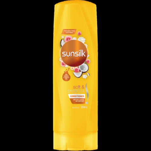 Sunsilk Soft & Smooth Conditioner 350ml, infused with Camellia and Coconut Oils, ensures soft, manageable hair with a non-greasy texture.