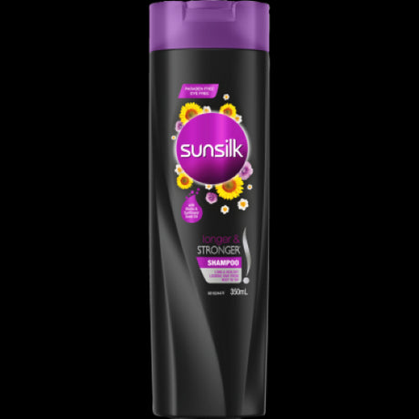 Sunsilk Longer & Stronger Shampoo 350ml bottle with Biotin and Sunflower Seed Oil for nourished, vibrant hair.