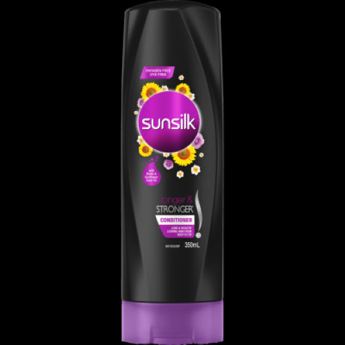 Sunsilk Longer & Stronger Conditioner 350ml bottle, promoting healthy, vibrant hair with Biotin and Sunflower Seed Oil.